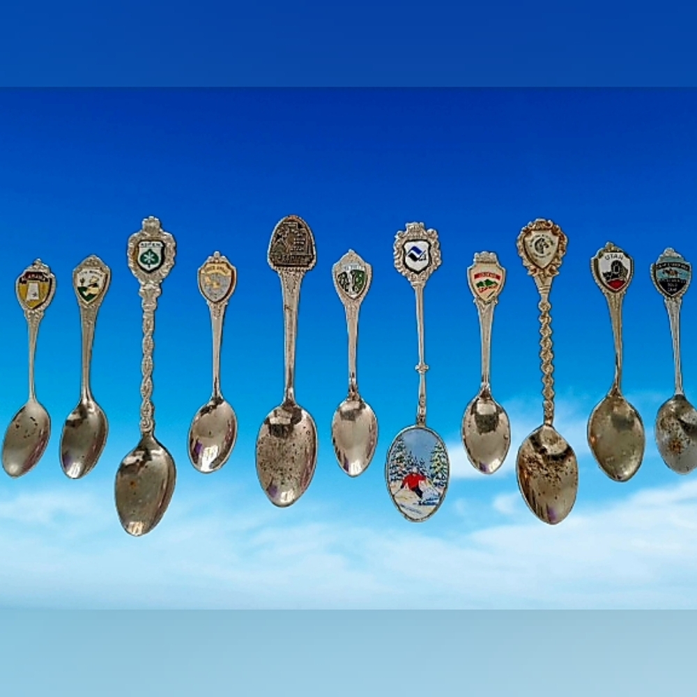 📣 Vintage 70s/80s State Souvenir Vacation Spoon Collection Set 11 Pewter Silver